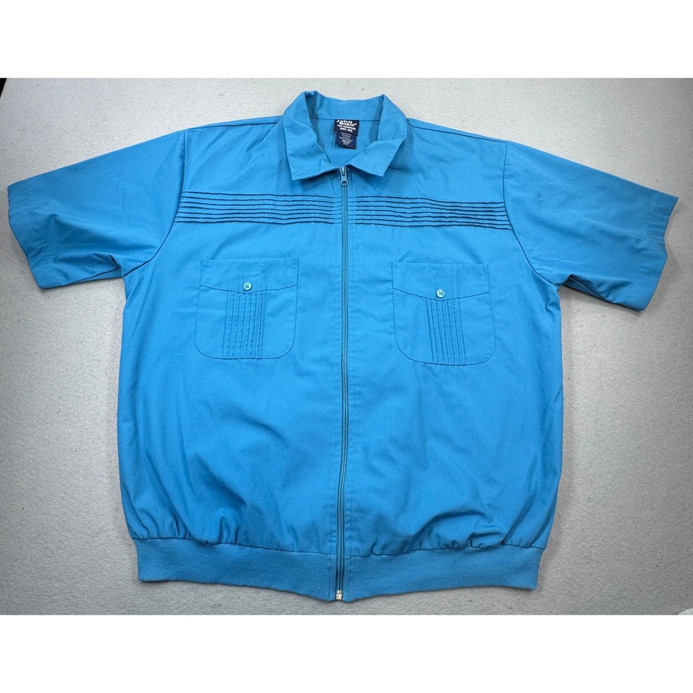 John Blair Mens Blue Short Sleeve Zip Up Shirt Pintuck Pockets Large RG